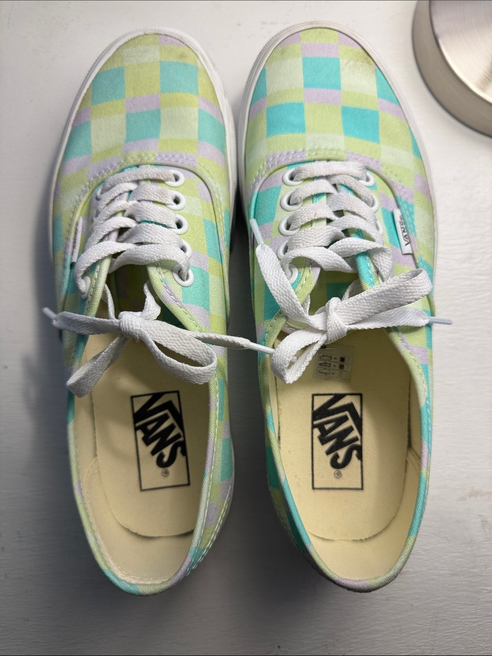 Vans Low-Top Checkerboard Sneakers in Pastel Yellow, Green & Purple